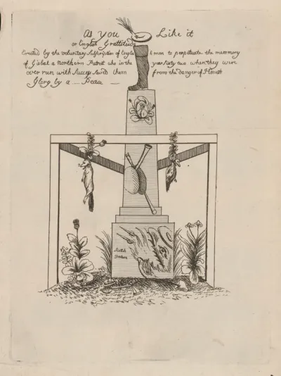 A jack-boot stands on top of a truncated obelisk enclosed within a triangular gibbet from which hang a fox and a goose from garlands; representing the Treaty of Paris, 1763