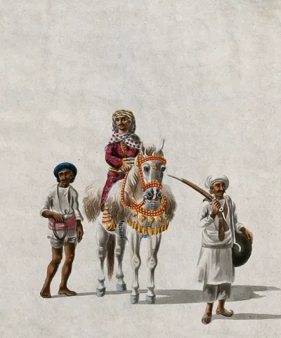 A jamindar (land owner) riding a horse accompanied by a guard and an attendant