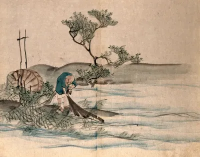 A Japanese fisherman on a lake shore pulling in his nets