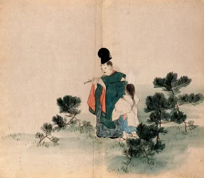 A Japanese lady flautist standing with a girl among small pine trees