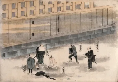 A Japanese prisoner is stripped naked and forced to kneel before several gaolers