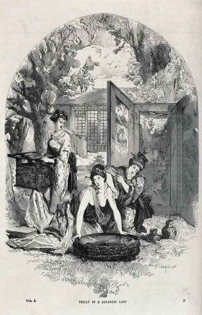 A Japanese woman at her toilet being attended by two maidservants
