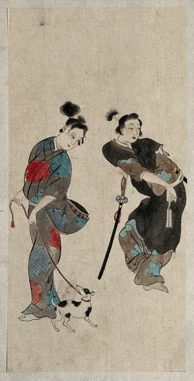 A Japanese woman taking a dog for a walk compared with an effeminate samurai