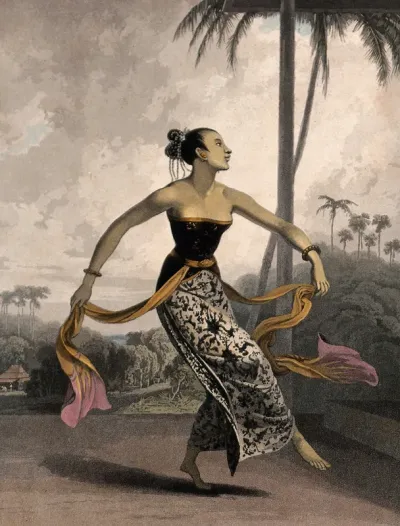 A Javanese girl dancing with long scarves tied to her waist
