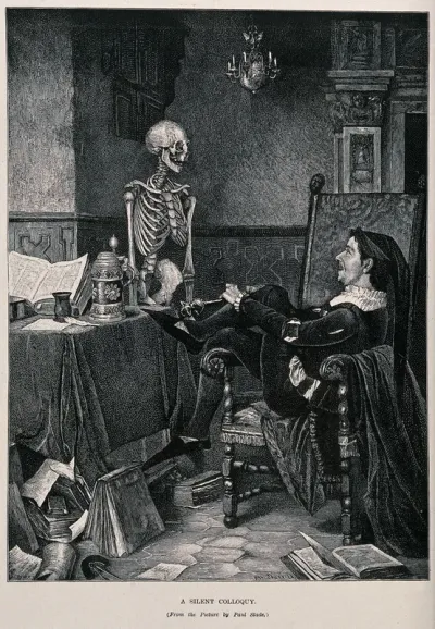 A jester contemplates a skeleton