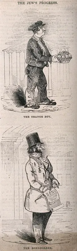 A Jewish man selling oranges outside the Royal Exchange in London; a Jewish man in a top hat and coat displaying a bond for £50,000 that he has acquired; representing the advancement of Jews from street-selling to high finance