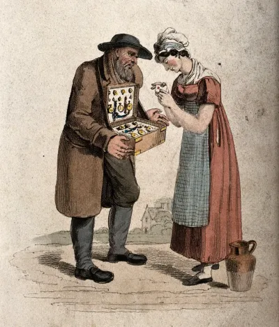 A Jewish pedlar with a box of watches and jewelry offers them for sale to a young woman