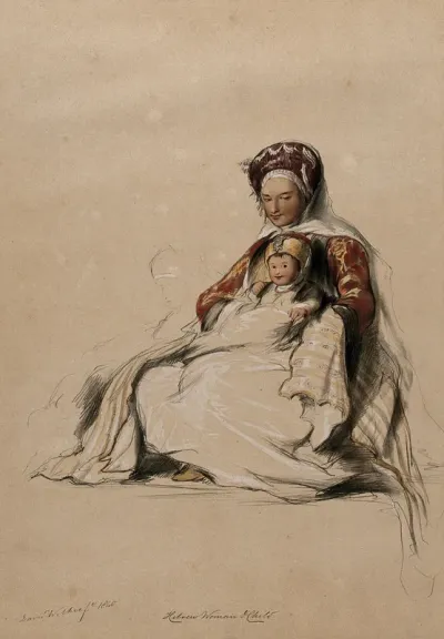 A Jewish woman, seated, holding her infant child