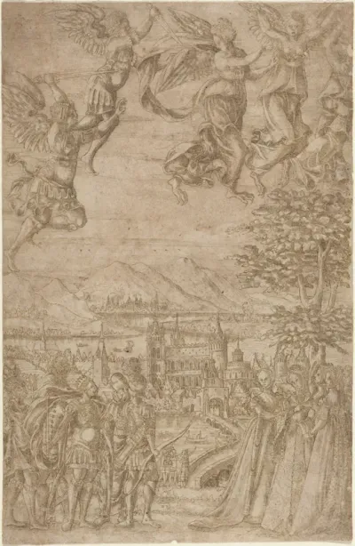 A King and His Retinue Confronting Ladies under a Celestial Battle