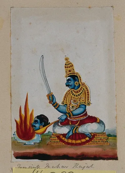 A king (?) conducting a havan (prayer ceremony) by offering a human head placed on a large spoon to the fire god