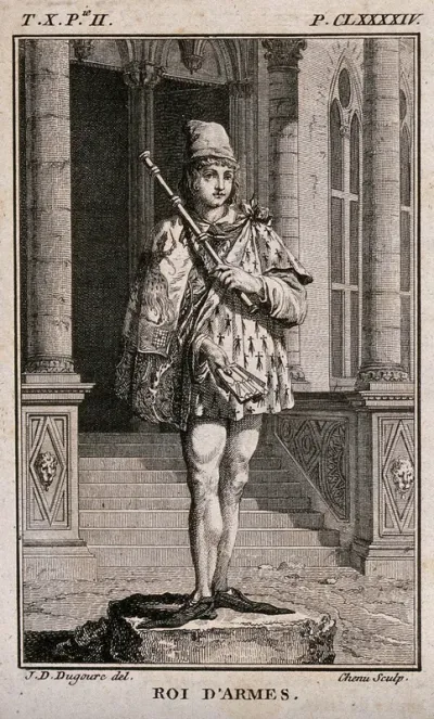 A king of arms or chief herald, at the entrance to a building, holding a rod