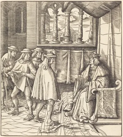 A King on a Throne, before him Four Men