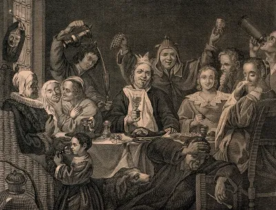 A king sits drinking at a table surrounded by revelling courtiers and a man about to vomit