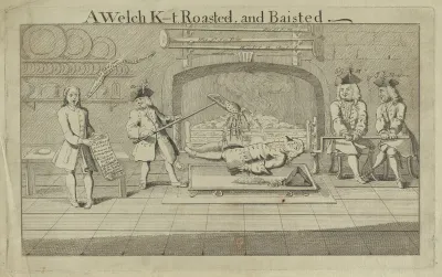 A kitchen in which Sir Watkin Williams Wynn MP is rotated on a spit before a fire