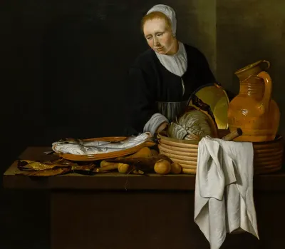 A kitchen scene with a maid standing by a table laden with fish
