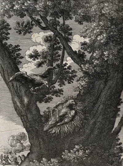 A kite, ill with repletion, lies on its back in a nest in the fork of a tree, while its mother with outspread wings stands above; illustration of a fable by Aesop