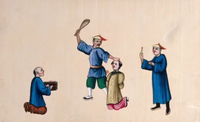 A kneeling Chinese woman is subjected to a beating, while a fellow prisoner looks on, his wrists enclosed in stocks