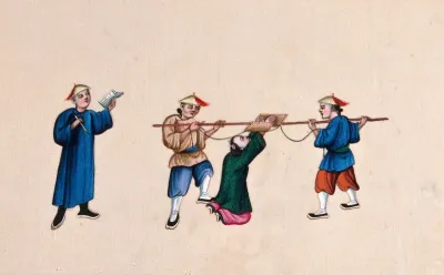 A kneeling Chinese woman is subjected to torture: the woman's hands are tied above her head, while two men insert a pole between her wrists