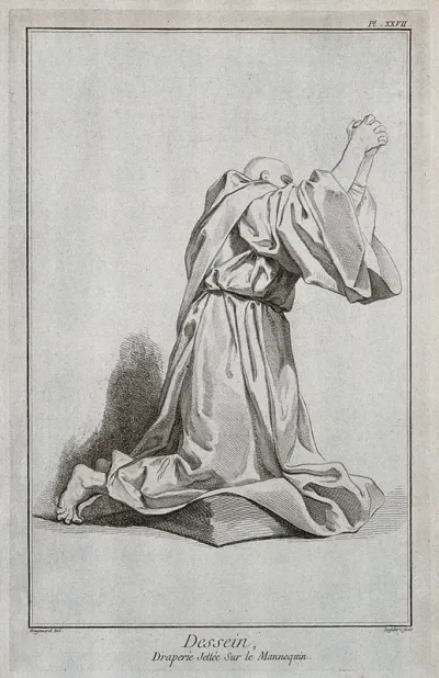 A kneeling figure in a monk's habit, with hands clasped in prayer