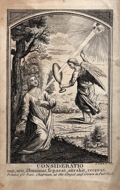 A kneeling figure is purified by the sunlight which falls through a magnifying glass held by an angel, representing consideration (meditation)