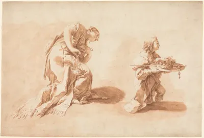 A Kneeling Woman with an Incense Burner and a Page Holding a Crown and Scepter