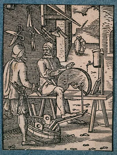 A knife-grinder sharpening a blade on a grinding wheel as a customer arrives with a plane to be sharpened