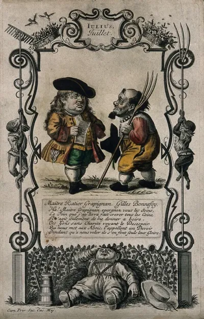 A labourer asks a gentleman for his wages so that he may get drunk; both represented as dwarfs