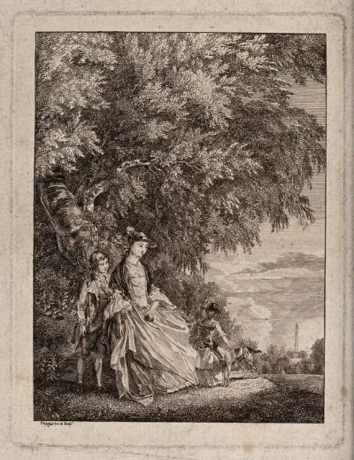 A lady and two children with a dog under a tree in a country park