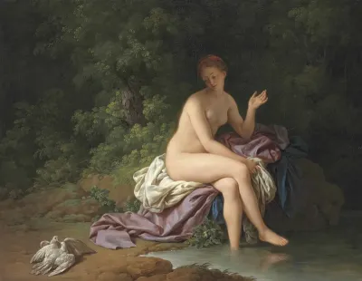 A lady bathing by a river, with two turtledoves