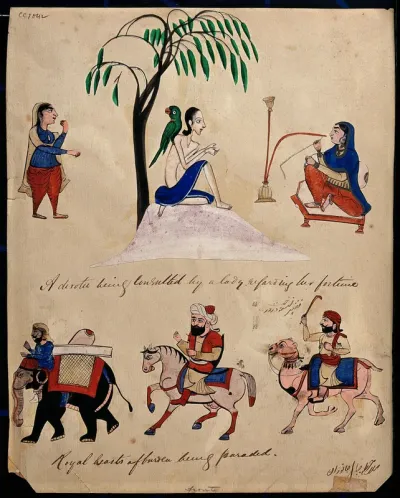 A lady consults a devotee about her fortune in the top half of the painting while different beasts of burdens are being paraded in the bottom half