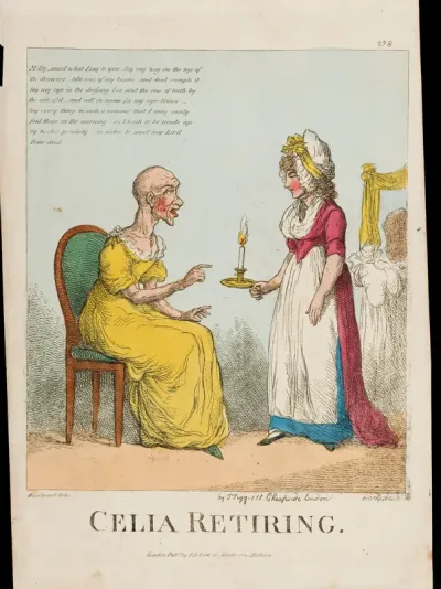 A lady retiring to bed, and ordering her maid to look after her artificial aids to beauty (wig, teeth, glass eye etc.)