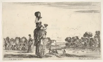 A lady standing in center holding a fan watching the bathers in the river to right, other ladies and men watching bathers to left in the background, from "Various figures and lands" (Diverse figure e paesi)