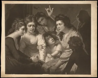 A lady telling a gripping story to young women and children