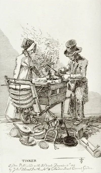A lady waiting for the repair of her pan at a tinker's stall