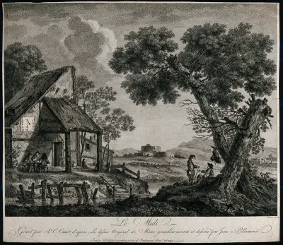 A lake, a cottage and ruins: country people are resting and enjoying the noontime with the sun-dial pointing at XII; representing midday