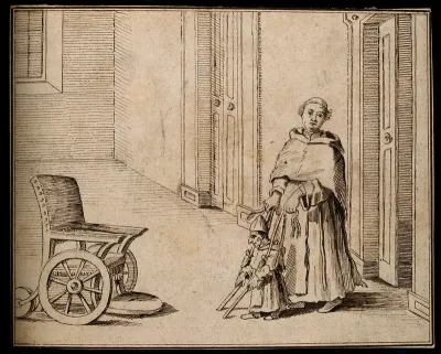 A lame dwarf being helped to a wheelchair by a monk