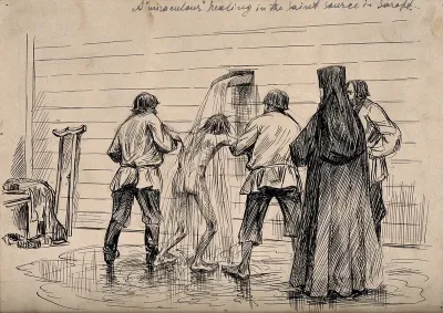 A lame man being doused in water from a holy spring to procure a miraculous cure, in Sarepta (?), Russia