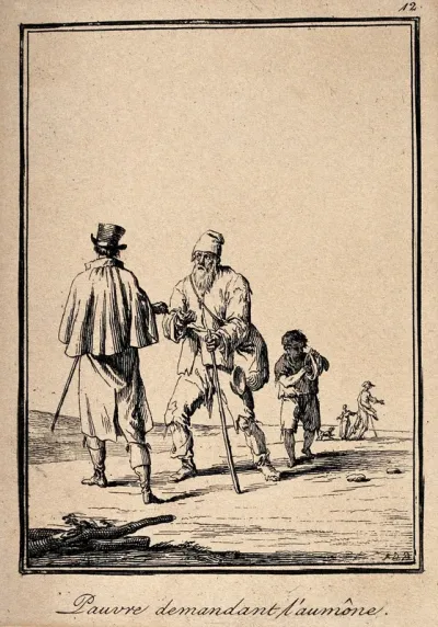 A lame man in ragged clothes and a boy approach a gentleman for alms