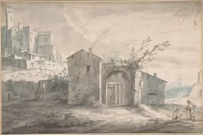 A landscape with a farm house and two figures, a fortified village seen beyond