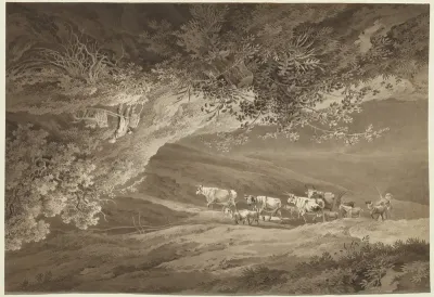 A Landscape with a Herd of Cows and Goats, Surmounted by Another Landscape, Upside-down, with a Man Pushing a Wheelbarrow