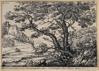 A landscape with a tree in the foreground, a house in the middle ground, a castle in the background