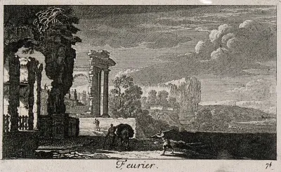 A landscape with ruins and men with a donkey carrying wood; representing February