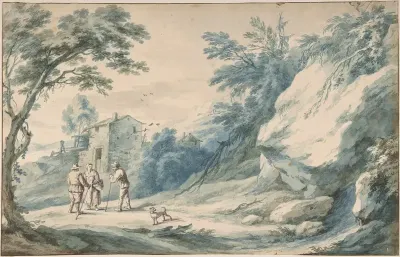A landscape with travelers, a ruined building and a fortified town