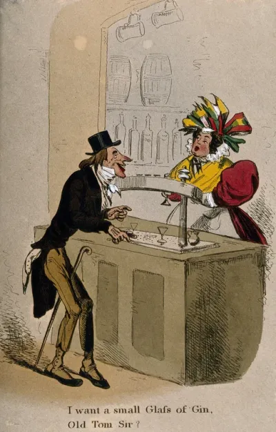 A lank old man at a bar asks a plump barmaid for a glass of gin
