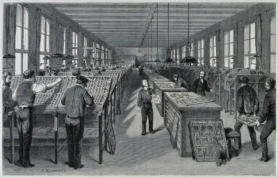 A large and busy composing-room at a Parisian [?] printers' establishment
