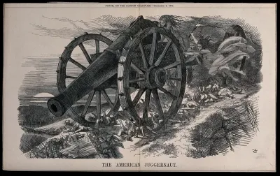 A large cannon pushed forwards by Furies crushes American soldiers under its wheels; representing the American Civil War