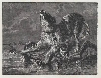 A large chained dog howling while puppies try to climb onboard a sinking dog house