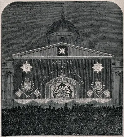 A large crowd in Trafalgar Square celebrating the marriage of Edward Prince of Wales and Princess Alexandra, 1863