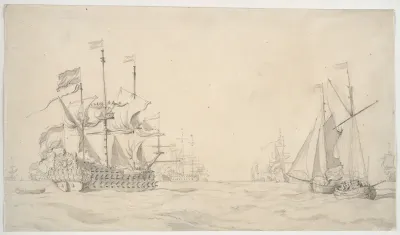 A Large Dutch Ship with a Fleet at Sea and Two Small Vessels