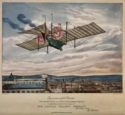 A large flying machine with sails and propellers is travelling over a town